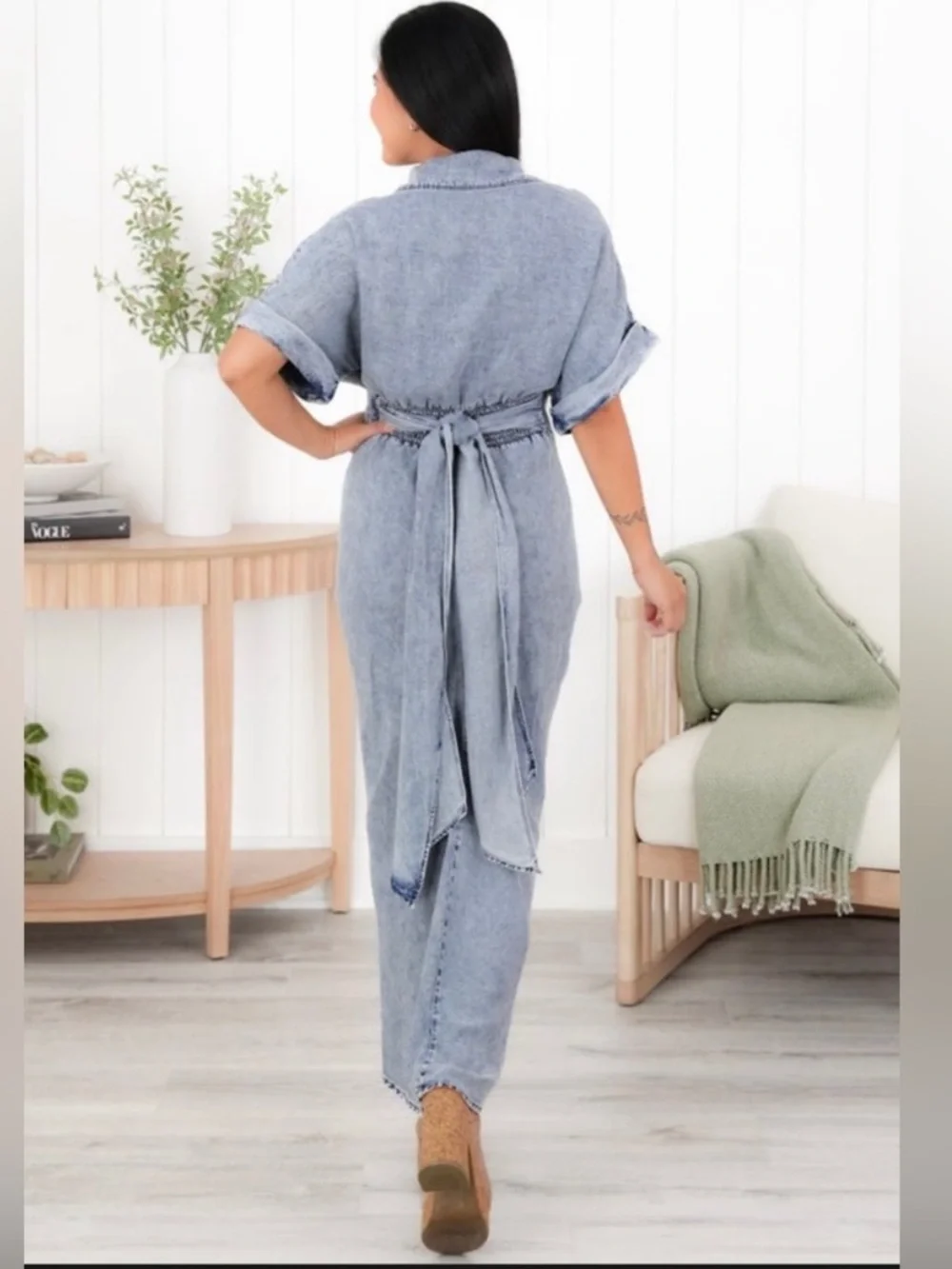 Oli & Hali Washed Button Down Denim Midi Dress with Tie Waist
